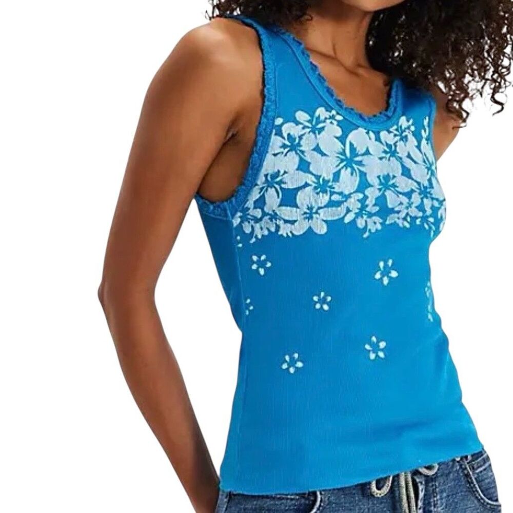 Ragabond x Free People Tank Top Shirt Graphic Hawaiian Floral Blue S NWOT - Picture 2 of 10